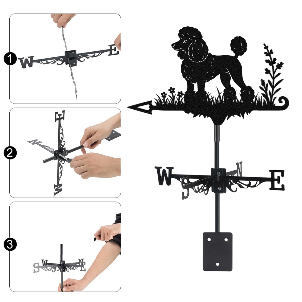 Poodle metal weather vane with directional arrows and mounting rod, outdoor roof and garden decoration