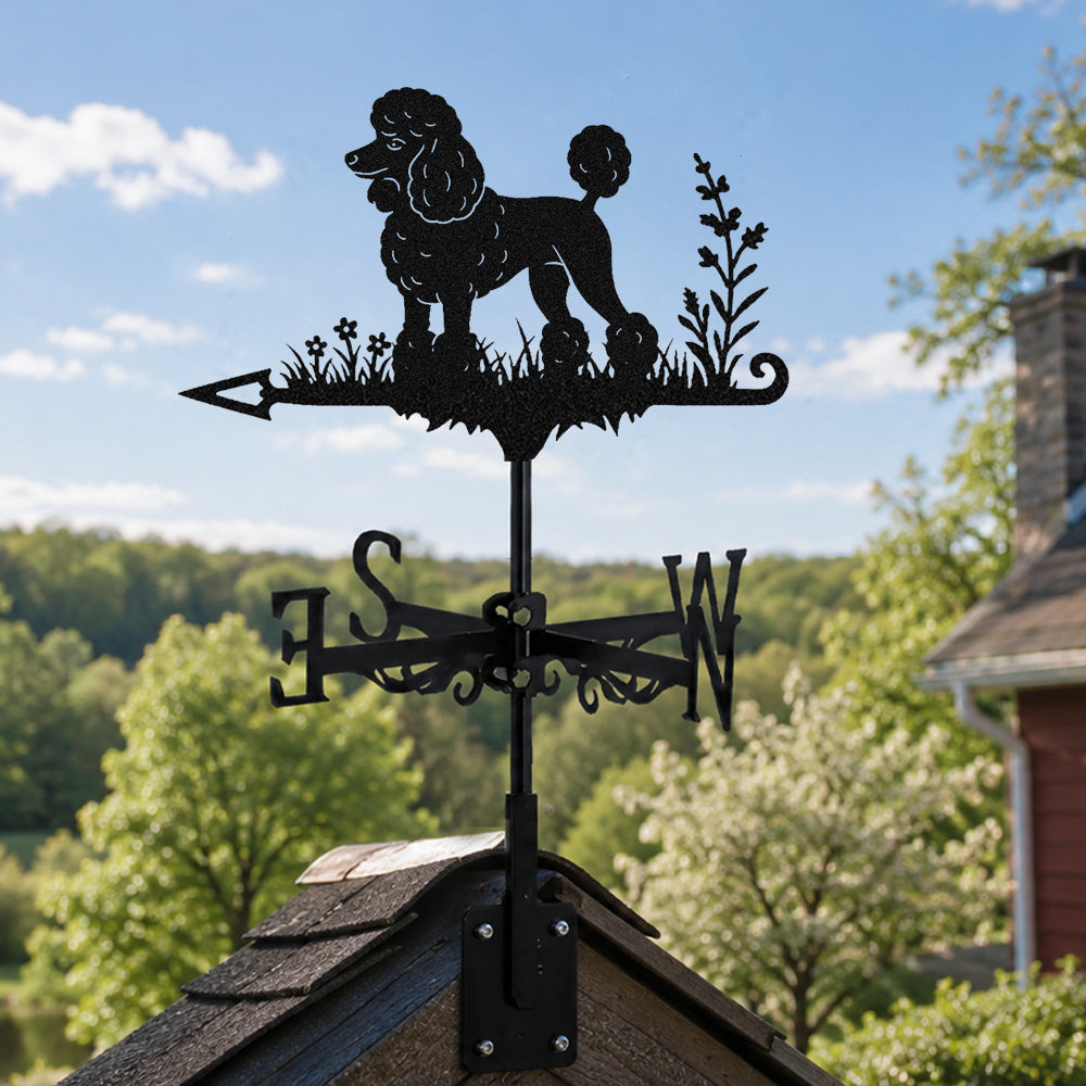 Poodle metal weather vane with directional arrows and mounting rod, outdoor roof and garden decoration