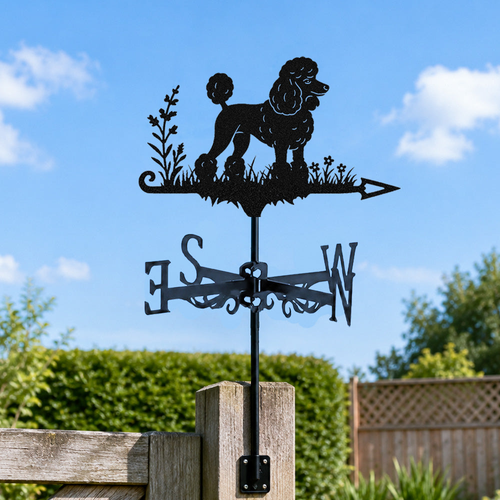 Poodle metal weather vane with directional arrows and mounting rod, outdoor roof and garden decoration