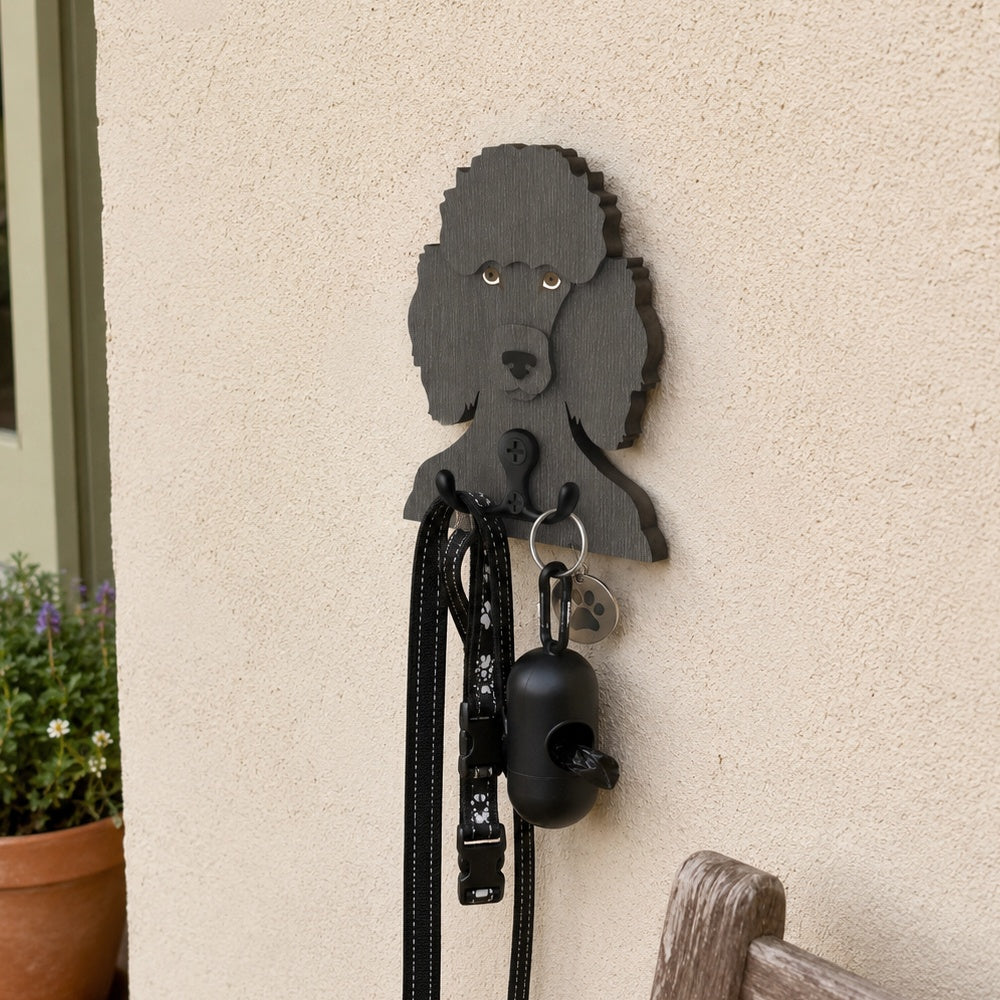 Poodle wooden dog wall hook key and leash holder for home entryway organizer