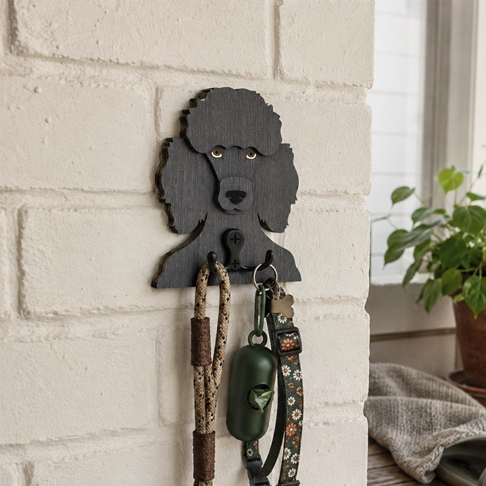 Poodle wooden dog wall hook key and leash holder for home entryway organizer