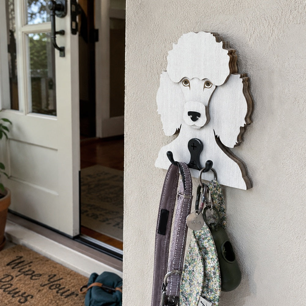 Poodle wooden dog wall hook key and leash holder for home entryway organizer