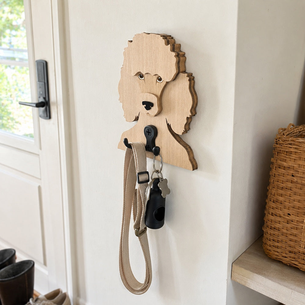 Poodle wooden dog wall hook key and leash holder for home entryway organizer