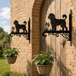 Portuguese water dog metal hanging basket bracket mounted on outdoor wall for plant decoration