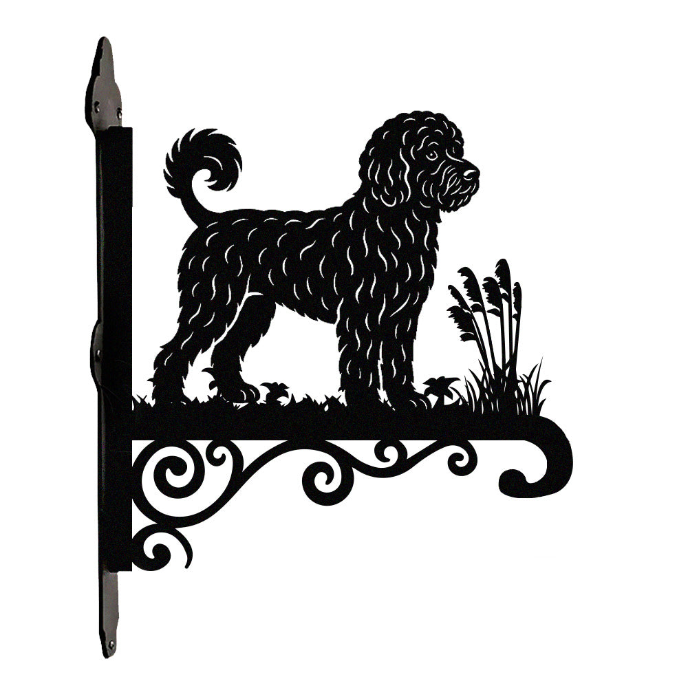 Portuguese water dog metal hanging basket bracket mounted on outdoor wall for plant decoration