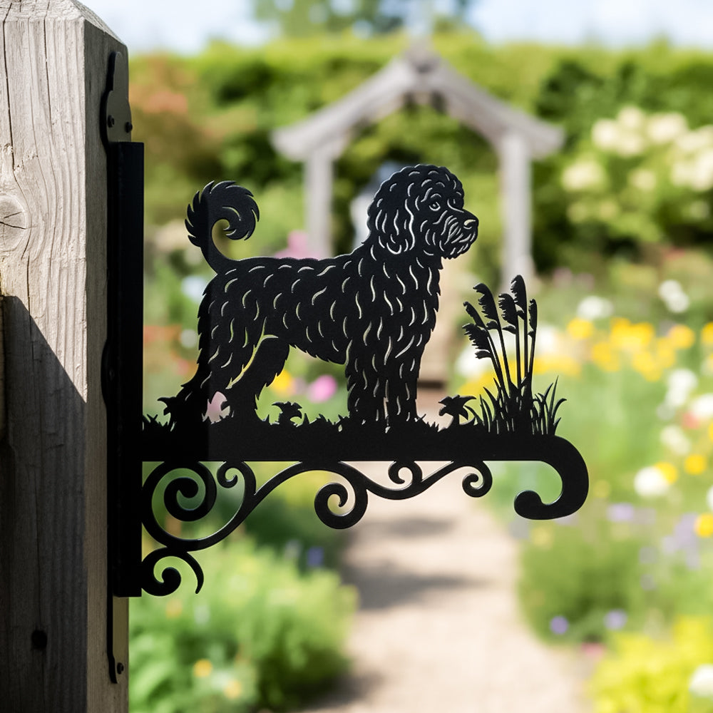 Portuguese water dog metal hanging basket bracket mounted on outdoor wall for plant decoration