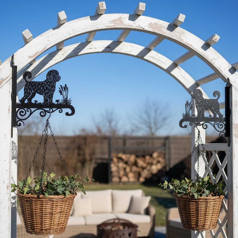Portuguese water dog metal hanging basket bracket mounted on outdoor wall for plant decoration