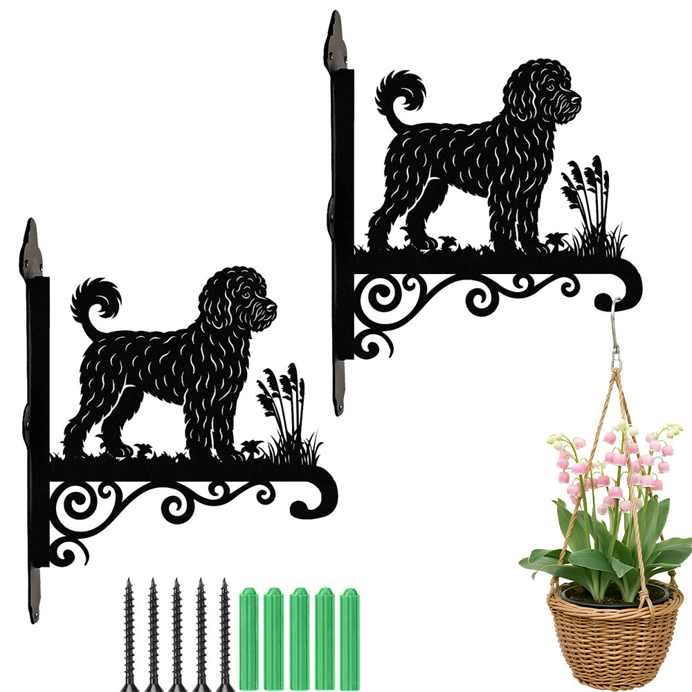 Portuguese water dog metal hanging basket bracket mounted on outdoor wall for plant decoration