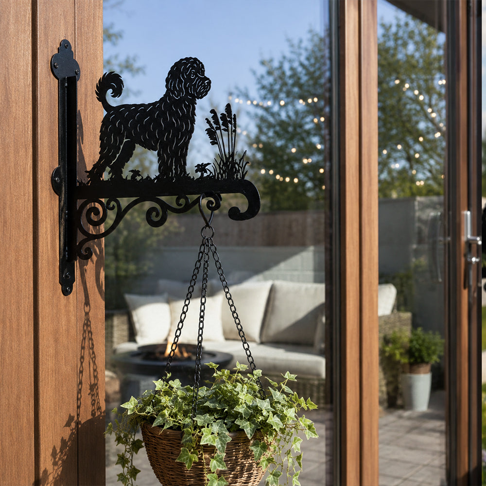Portuguese water dog metal hanging basket bracket mounted on outdoor wall for plant decoration