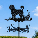 Portuguese water dog metal weather vane with directional arrows and mounting rod, outdoor roof and garden decoration