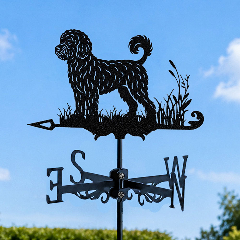 Portuguese water dog metal weather vane with directional arrows and mounting rod, outdoor roof and garden decoration