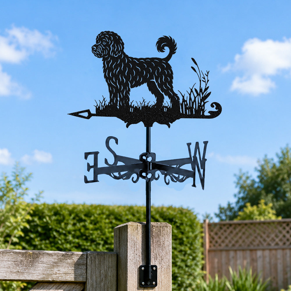 Portuguese water dog metal weather vane with directional arrows and mounting rod, outdoor roof and garden decoration