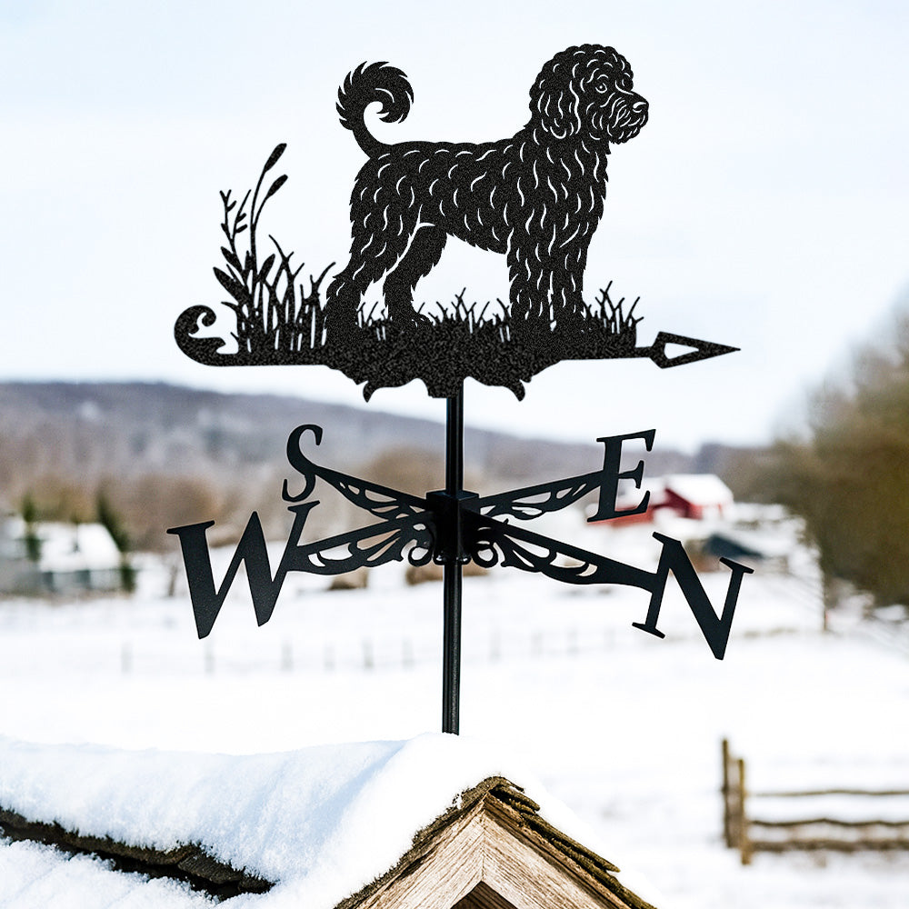 Portuguese water dog metal weather vane with directional arrows and mounting rod, outdoor roof and garden decoration