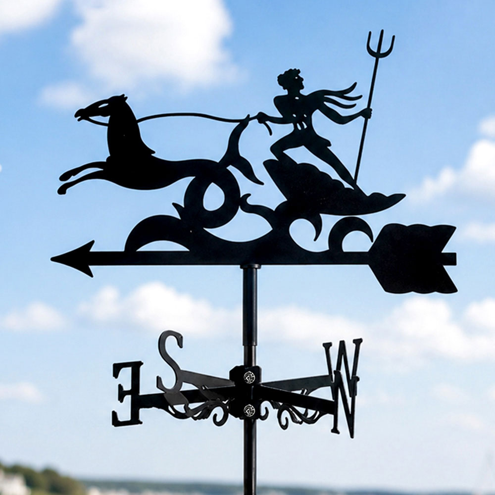Poseidon metal weather vane with directional arrows and mounting rod, outdoor roof and garden decoration