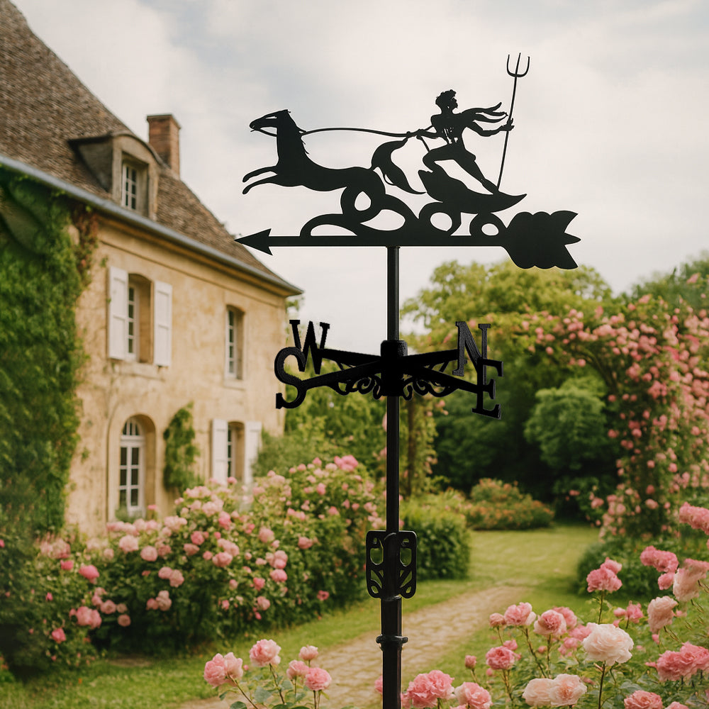 Poseidon metal weather vane with directional arrows and mounting rod, outdoor roof and garden decoration