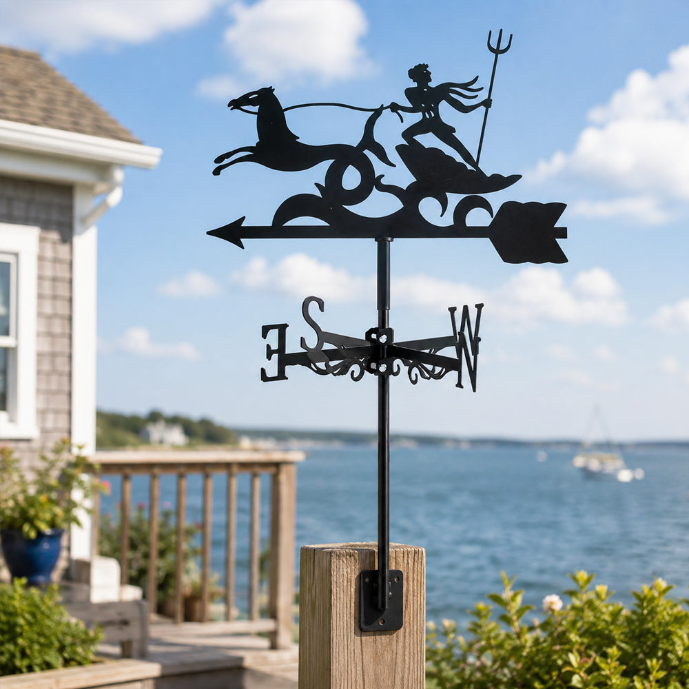 Poseidon metal weather vane with directional arrows and mounting rod, outdoor roof and garden decoration