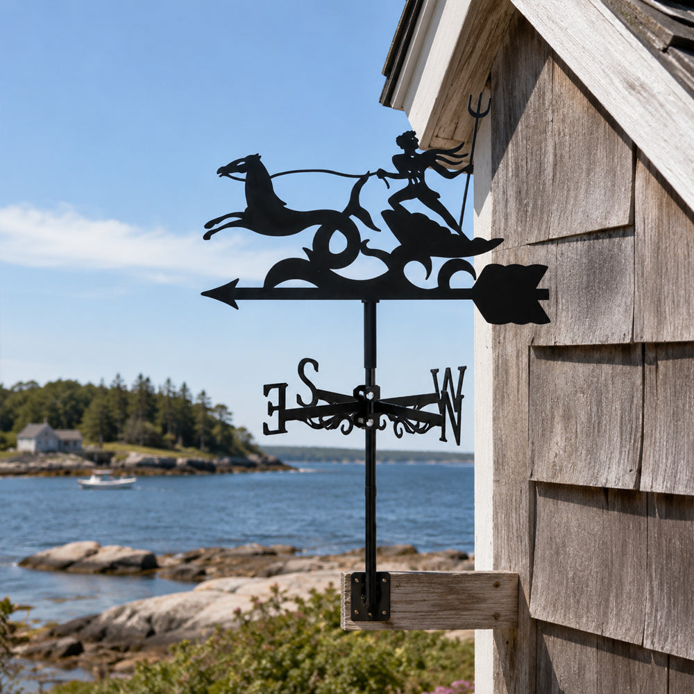 Poseidon metal weather vane with directional arrows and mounting rod, outdoor roof and garden decoration