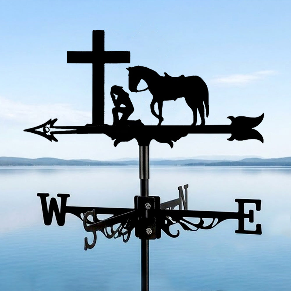 Praying cowboy metal weather vane with directional arrows and mounting rod, outdoor roof and garden decoration