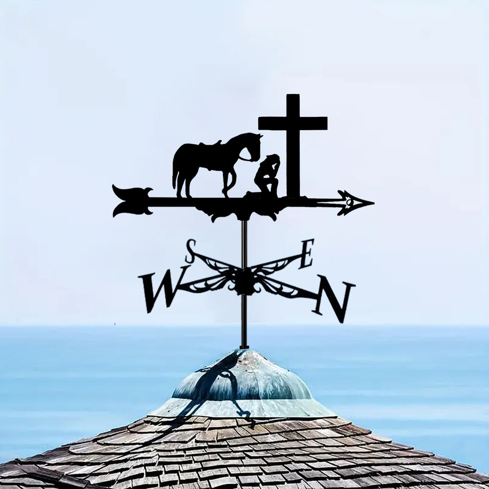 Praying cowboy metal weather vane with directional arrows and mounting rod, outdoor roof and garden decoration
