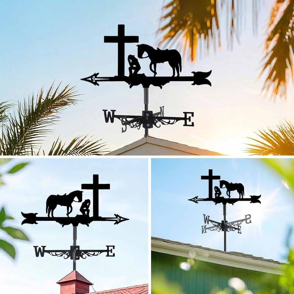 Praying cowboy metal weather vane with directional arrows and mounting rod, outdoor roof and garden decoration