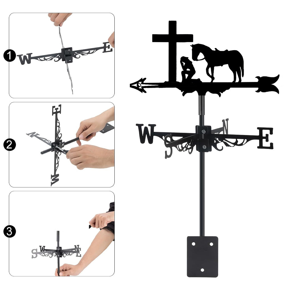 Praying cowboy metal weather vane with directional arrows and mounting rod, outdoor roof and garden decoration