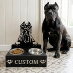 Personalized presa canario metal dog bowl stand with custom name cutout and two removable feeding bowls