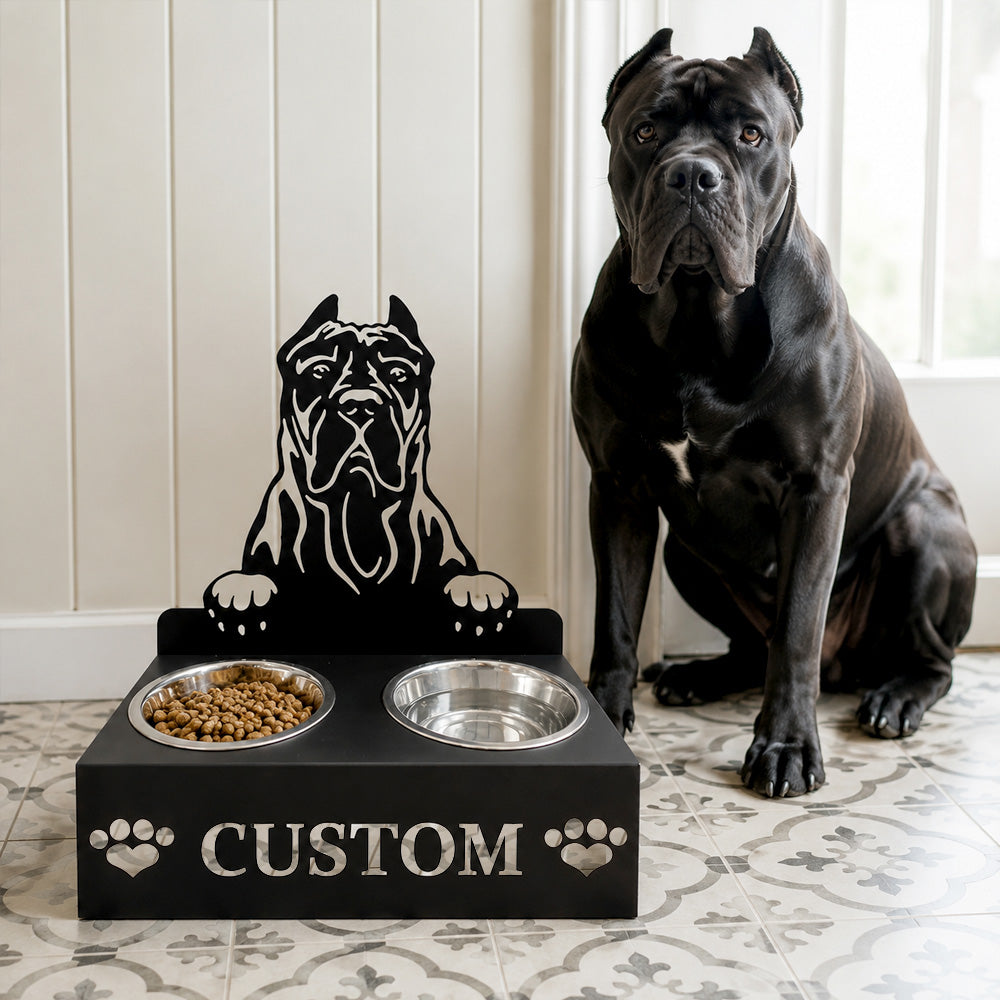 Personalized presa canario metal dog bowl stand with custom name cutout and two removable feeding bowls