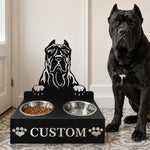 Personalized presa canario metal dog bowl stand with custom name cutout and two removable feeding bowls