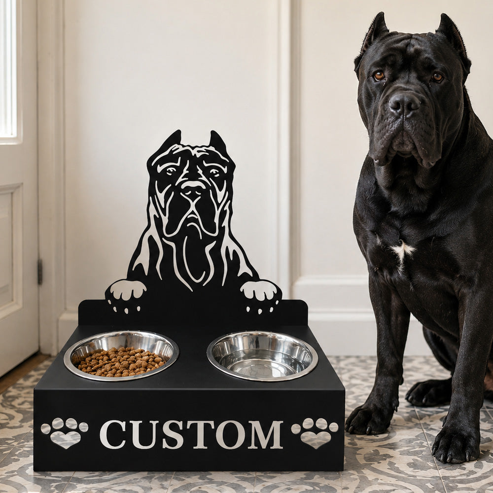 Personalized presa canario metal dog bowl stand with custom name cutout and two removable feeding bowls
