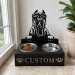 Personalized presa canario metal dog bowl stand with custom name cutout and two removable feeding bowls