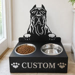 Personalized presa canario metal dog bowl stand with custom name cutout and two removable feeding bowls