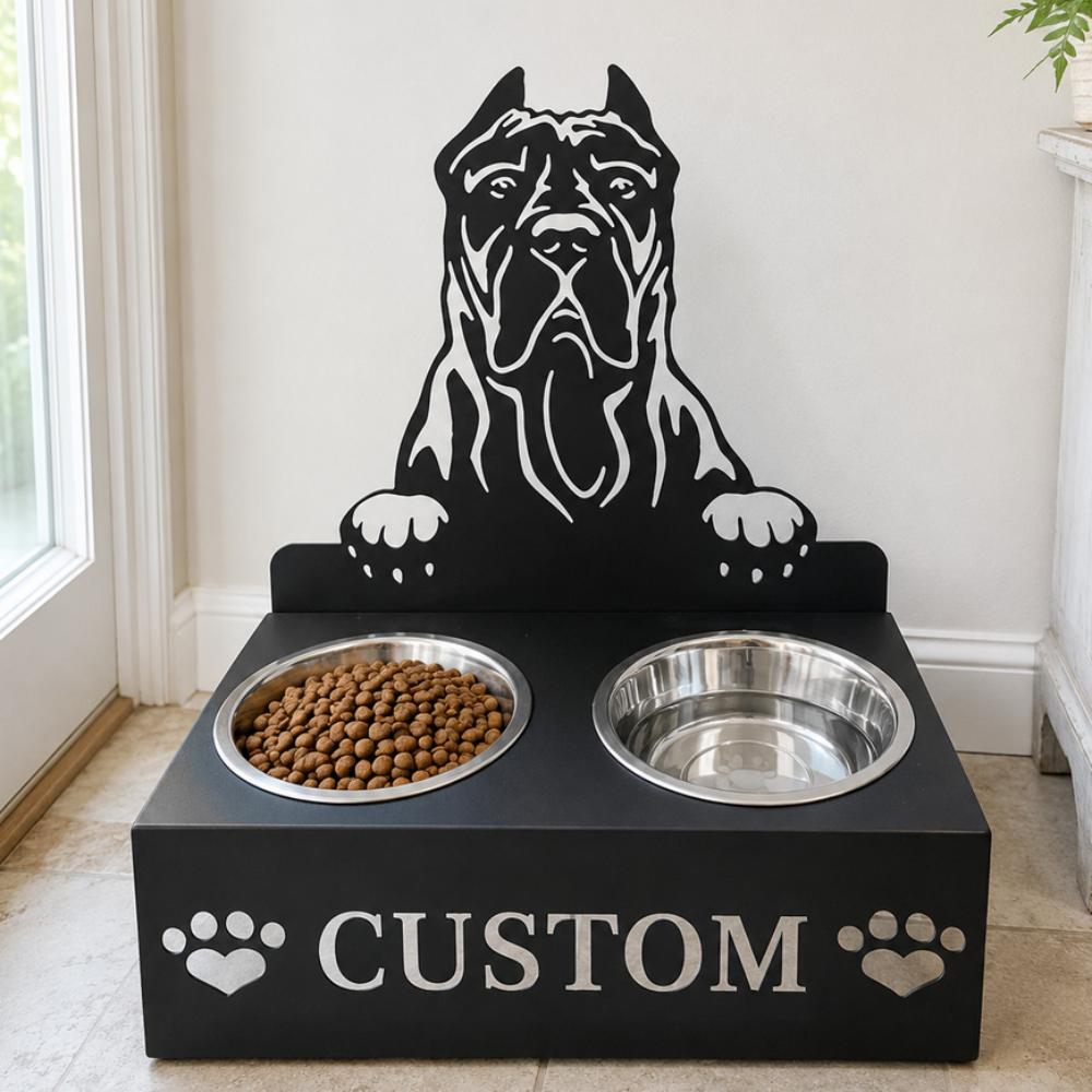 Personalized presa canario metal dog bowl stand with custom name cutout and two removable feeding bowls