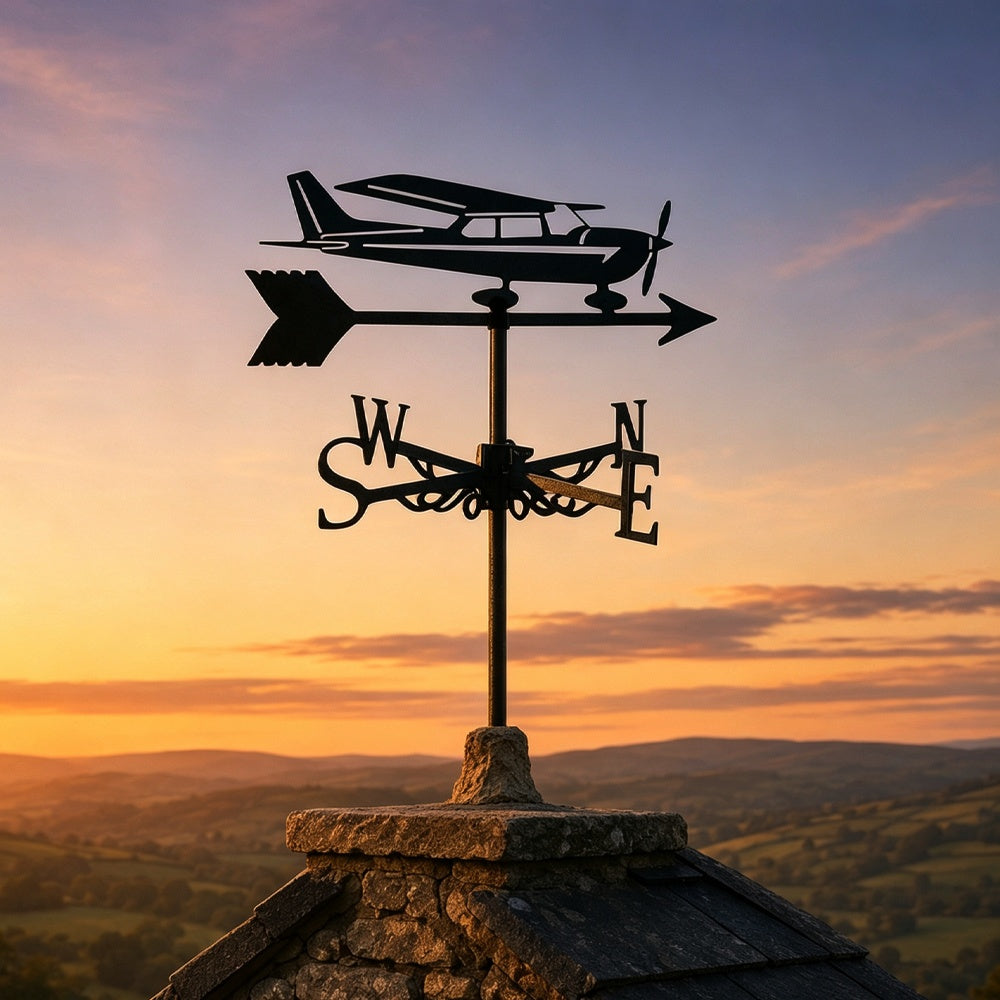 Private plane metal weather vane with directional arrows and mounting rod, outdoor roof and garden decoration
