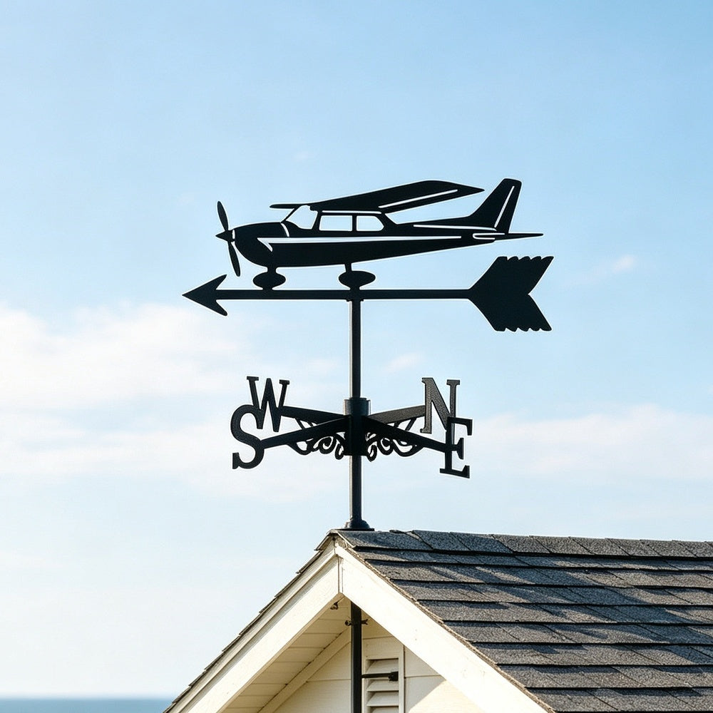 Private plane metal weather vane with directional arrows and mounting rod, outdoor roof and garden decoration