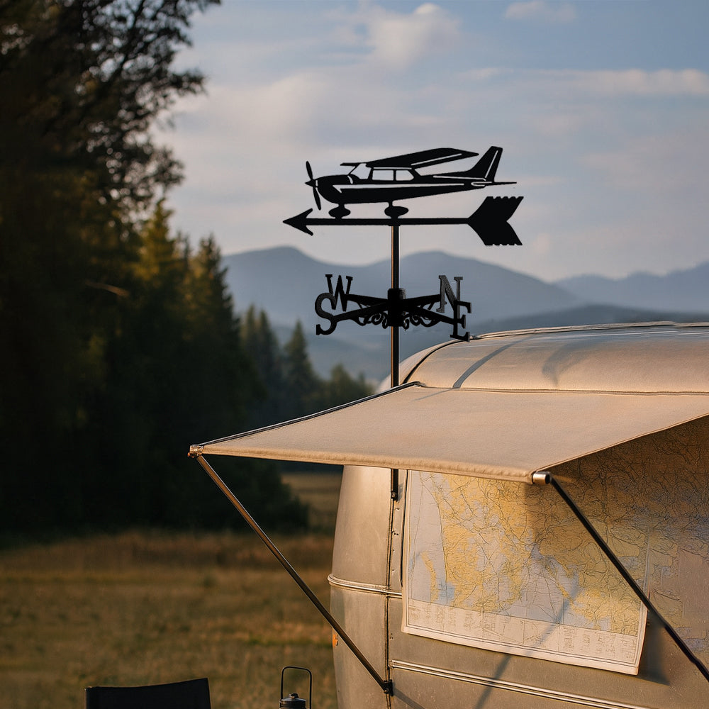 Private plane metal weather vane with directional arrows and mounting rod, outdoor roof and garden decoration