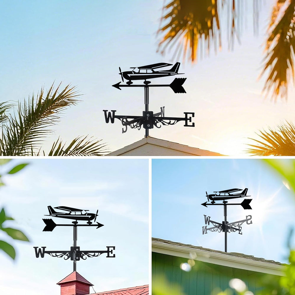 Private plane metal weather vane with directional arrows and mounting rod, outdoor roof and garden decoration