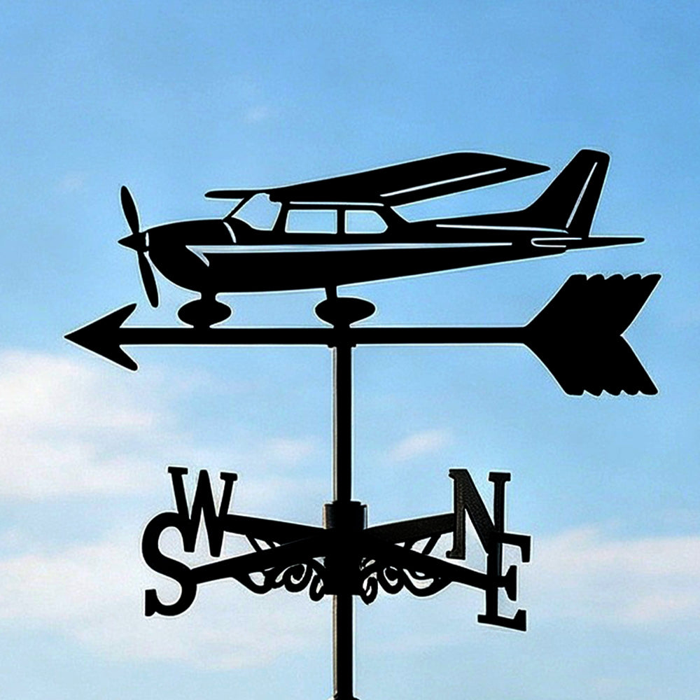 Private plane metal weather vane with directional arrows and mounting rod, outdoor roof and garden decoration