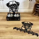 Personalized pug metal dog bowl stand with custom name cutout and two removable feeding bowls