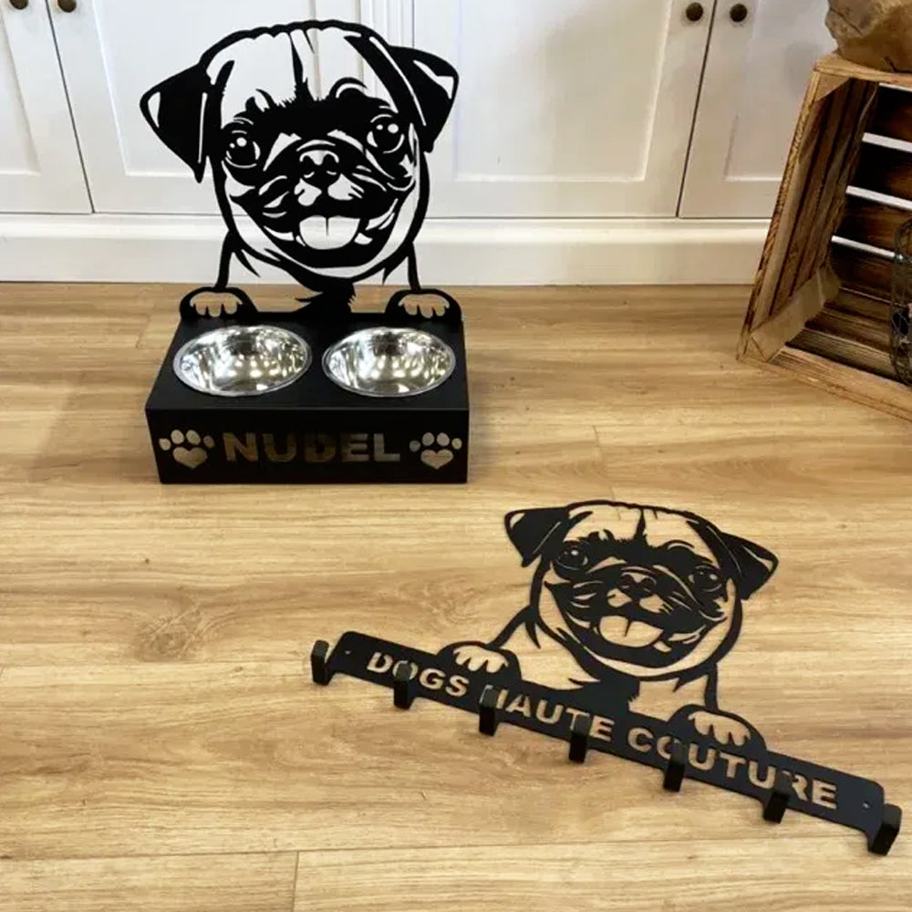 Personalized pug metal dog bowl stand with custom name cutout and two removable feeding bowls