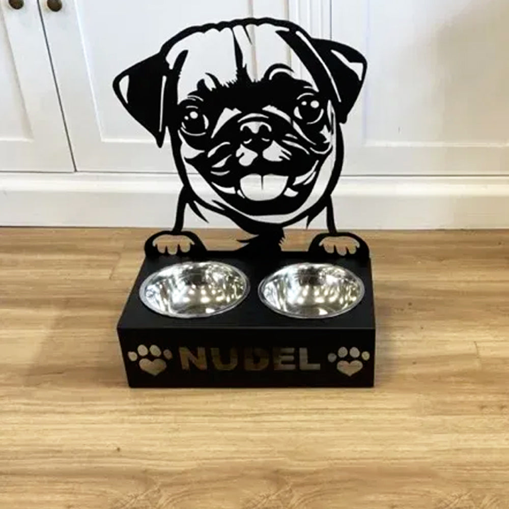 Personalized pug metal dog bowl stand with custom name cutout and two removable feeding bowls