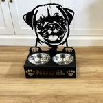 Personalized pug metal dog bowl stand with custom name cutout and two removable feeding bowls
