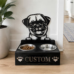 Personalized pug metal dog bowl stand with custom name cutout and two removable feeding bowls