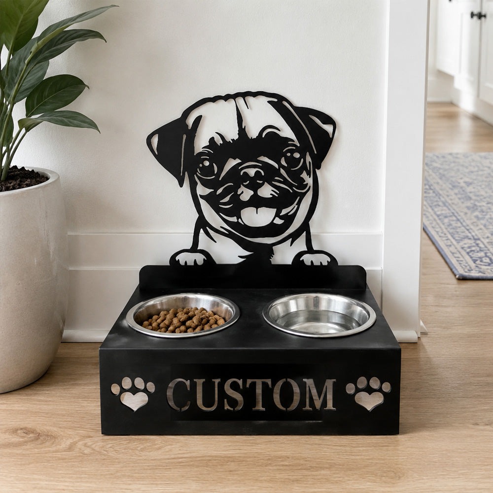Personalized pug metal dog bowl stand with custom name cutout and two removable feeding bowls