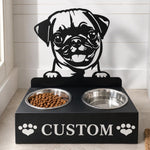 Personalized pug metal dog bowl stand with custom name cutout and two removable feeding bowls