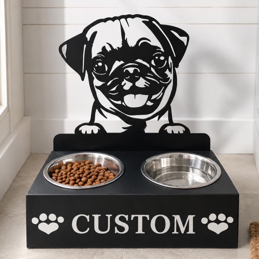 Personalized pug metal dog bowl stand with custom name cutout and two removable feeding bowls