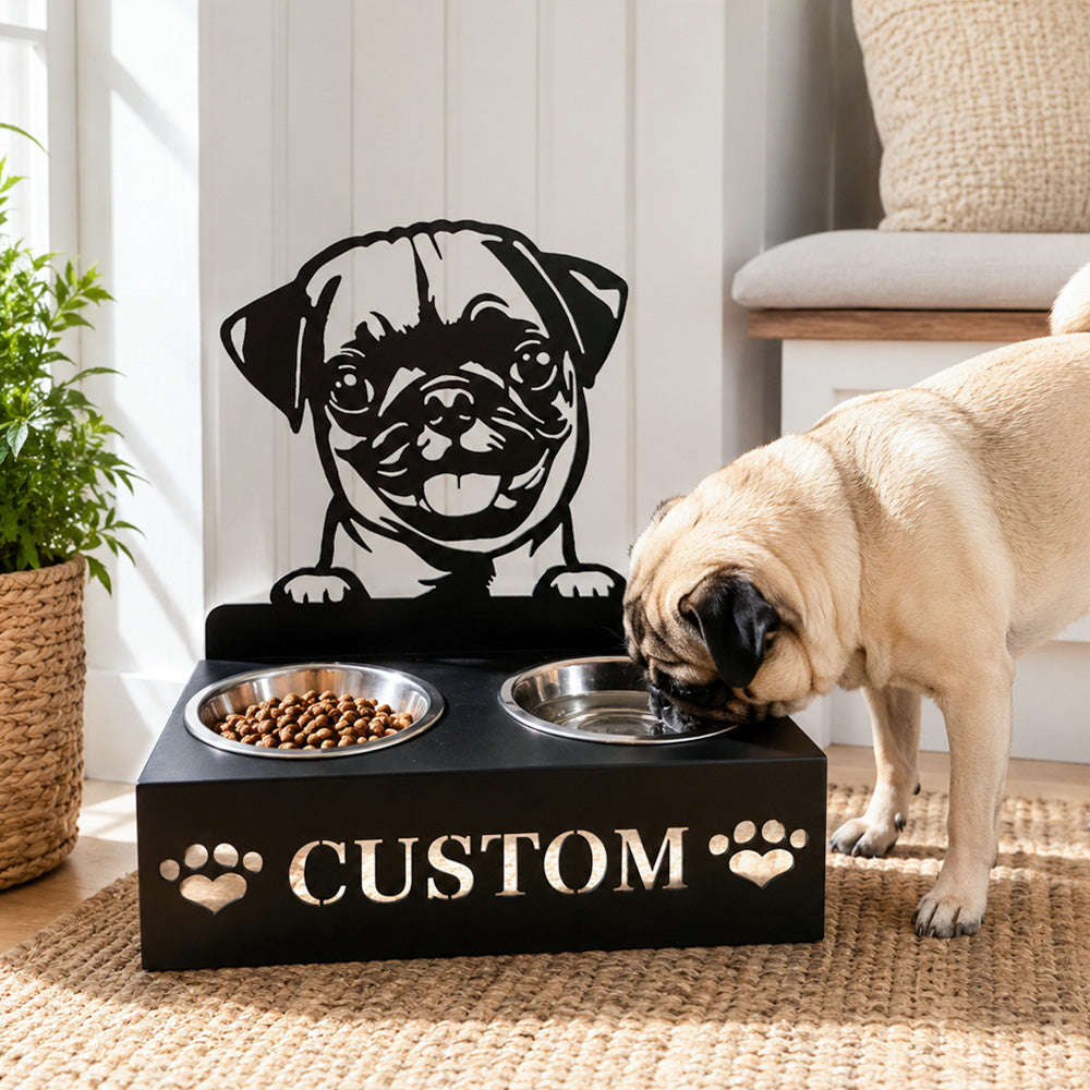Personalized pug metal dog bowl stand with custom name cutout and two removable feeding bowls