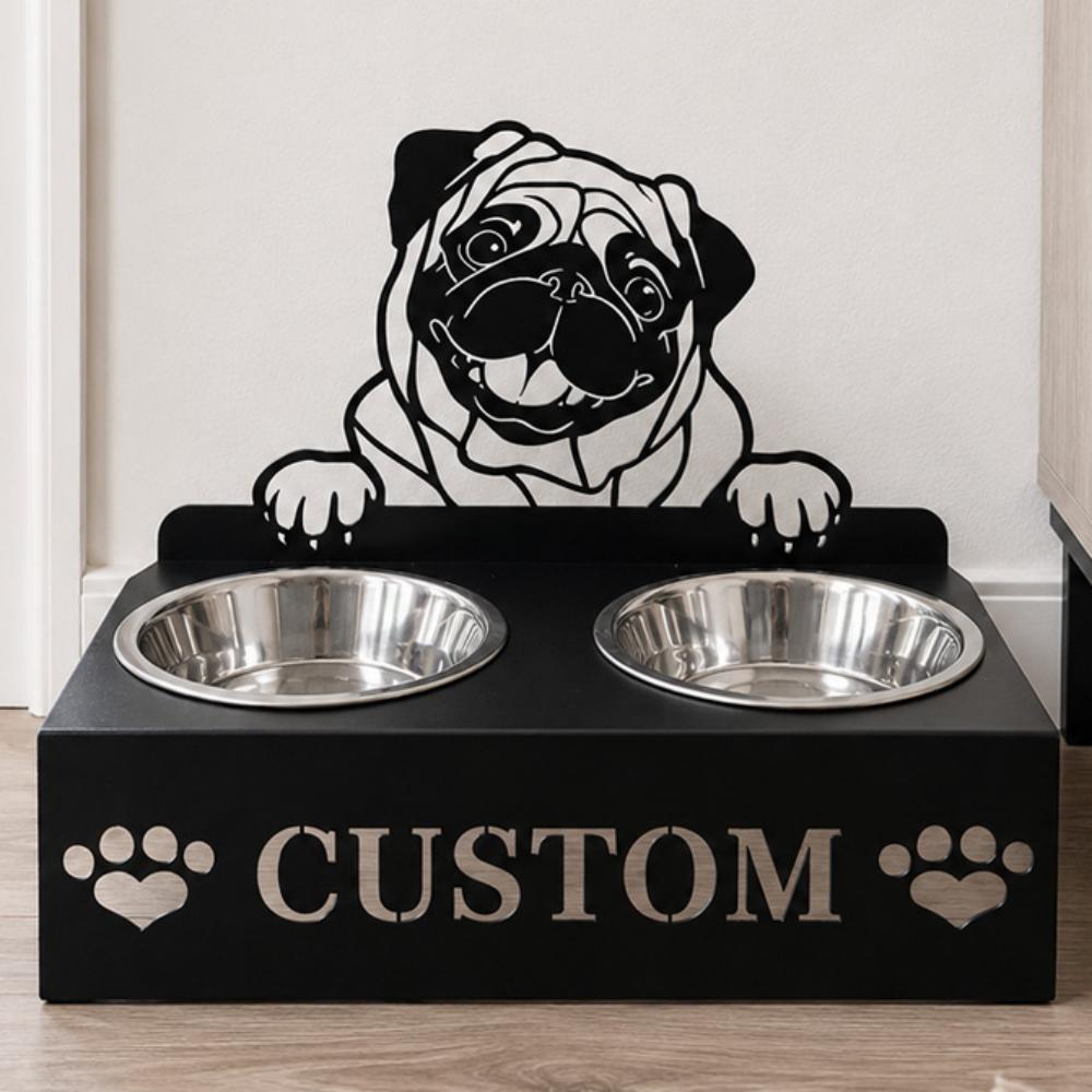 Personalized pug metal dog bowl stand with custom name cutout and two removable feeding bowls