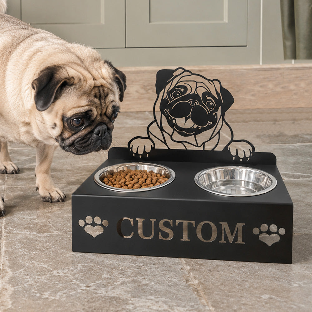 Personalized pug metal dog bowl stand with custom name cutout and two removable feeding bowls