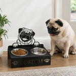 Personalized pug metal dog bowl stand with custom name cutout and two removable feeding bowls