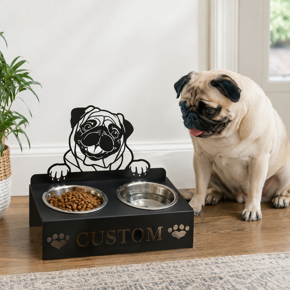 Personalized pug metal dog bowl stand with custom name cutout and two removable feeding bowls
